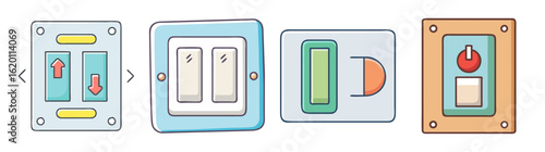 Four different styles of control panels and switches in cartoon style