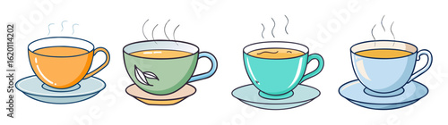 Four colorful cartoon teacups with steam placed on a white background