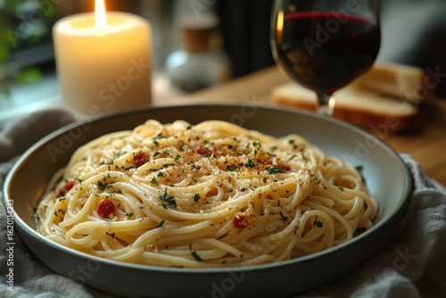 Plate of pasta with glass of wine.