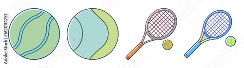 Cartoon Tennis Equipment Set Including Balls and Rackets on White Background