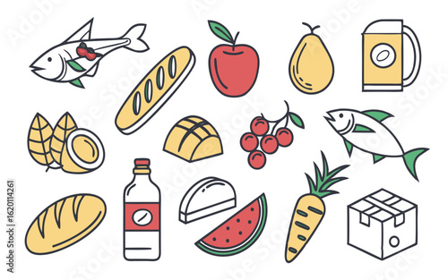 Vibrant Line Art Food and Drink Icons:  Fresh Produce, Bread, Fish, and Beverage Graphics for Website or App Design.