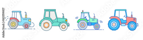 Cartoon farm tractors with blue and green colors isolated on white background