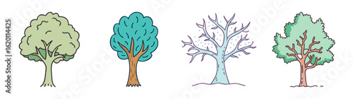 Seasonal Tree Cycle Depicted in Four Different Stages of Development