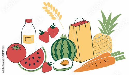 Vibrant Summer Produce Grocery Shopping Illustration:  Watermelon, Strawberries, Pineapple, Carrots, Tomato, Milk, and Paper Bag.