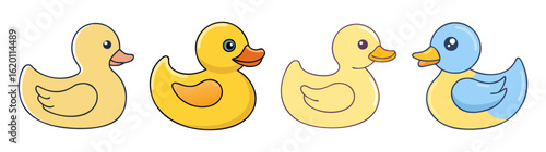 Four cute rubber ducks of different colors and styles for bath time