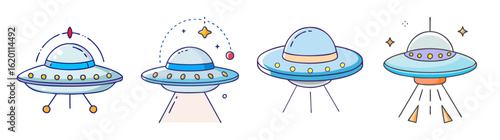 Four uniquely designed cartoon spaceships or UFOs ready for an interstellar adventure