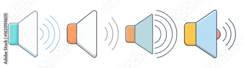 Illustrative collection of various speaker volumes represented by sound waves emanating outward