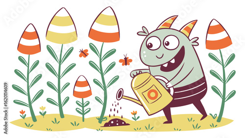 A friendly green monster with horns happily waters candy corn plants in a whimsical garden with butterflies fluttering nearby