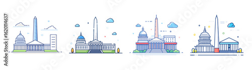 Stylized illustrations of Washington DC landmarks and buildings against a white backdrop