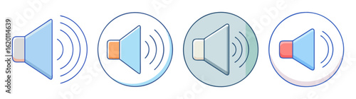 Cartoon Speaker Icons in Varied Colors, Illustrating Sound and Volume Levels