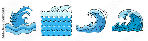 Set of four cartoon wave designs representing oceanic or aquatic motion