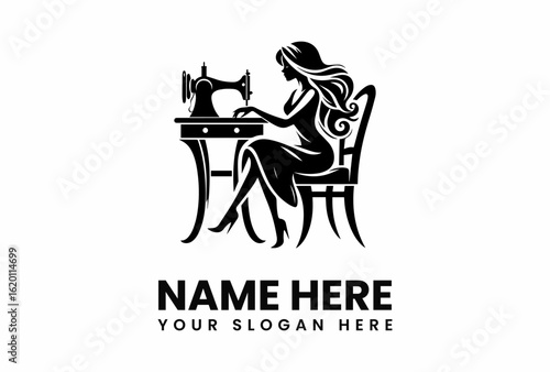 Elegant Woman Sewing at Vintage Machine Logo Design.