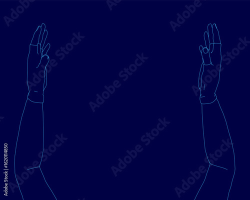Two hands reach upward in a line art style against a dark blue background. The arms are elegantly extended, wearing gloves with clean contours. The minimalist design highlights the artistic.