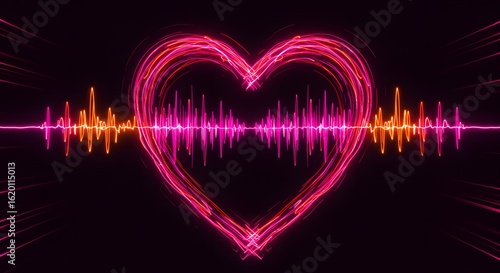 Neon heart shape with audio waves in vibrant pink and orange against a dark black background design