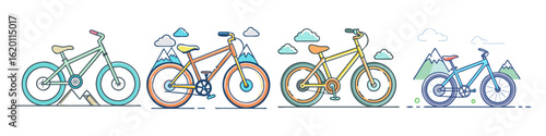 Colorful cartoon illustrations of bicycles with mountains and clouds against a white background