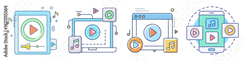 Various interfaces displaying music and video playing functionality icons in vector style