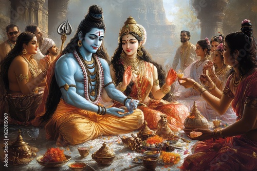 A colorful representation of Shiv and Parvati celebrating Maha Shivaratri together, surrounded by devotees