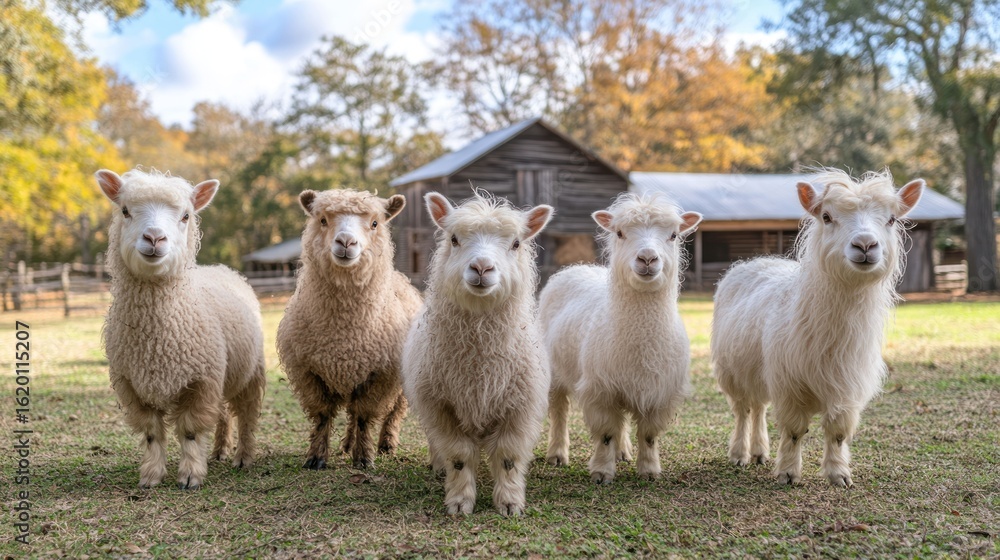 Obraz premium Five fluffy sheep in a field, facing forward, near a rustic barn