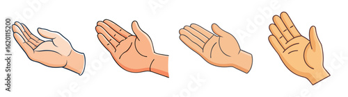Four cartoon hands in various skin tones reaching out in a cupping gesture