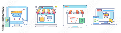 Collection of vector icons illustrating various concepts of online shopping and e commerce