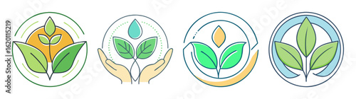 Four illustrations showing nature conservation and sustainable resource management concepts