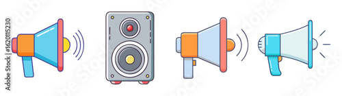 Cartoon Loudspeaker Speaker and Megaphone Vector Set on Isolated White Background