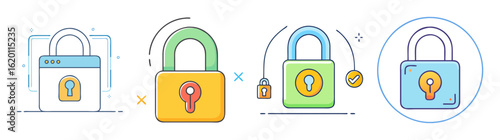 Collection of four different colorful and modern cartoon style padlock icons