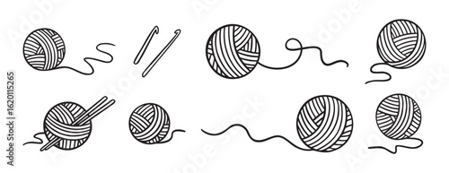 Ball of yarn or clews of thread for knitting doodle hand drawn icon set. Outline drawing ball of yarn line clipart symbol collection