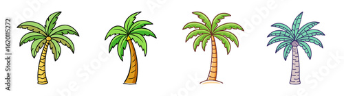 Cartoon illustration of a row of four different tropical palm trees