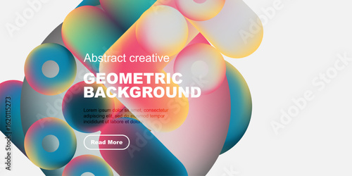 Colorful abstract shapes dominate design. Text includes geometric background, plus sample text, button visible. Modern aesthetic.