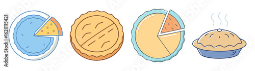 Four colorful cartoon pies with some slices removed to see the insides