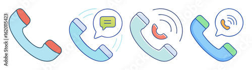 Various Telephone Handset Icons with Different Communication Symbols around Them