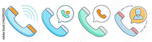Four stylized phone handsets illustrating calling, missed call, received call and caller id