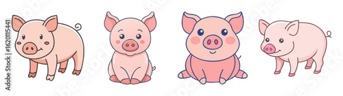 Four adorable pink cartoon pigs in various poses on a white background