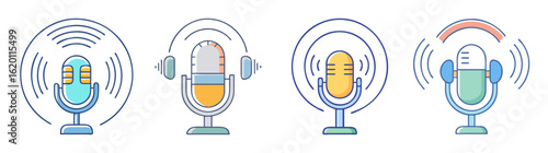 Four unique and colorful microphone illustrations depicting sound waves and broadcasting concepts