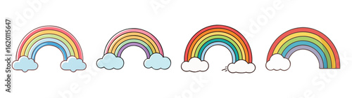 Four cheerful rainbows with puffy clouds in a cartoon illustration format