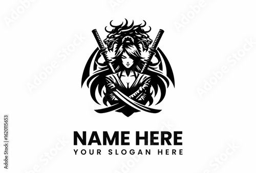 Fierce Samurai Woman with Crossed Katanas and Dragon Head Silhouette.
