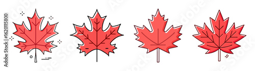 Vector illustration of four maple leaves in different cartoon styles