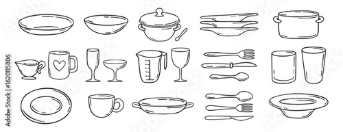 dishes dinnerware doodle hand drawn icon set. Plate, glass and cup, mug, bowl. Outline drawing tableware for kitchen line clipart symbol collection