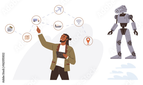 Person using tablet to explain AI and IoT connectivity, showcasing network, robots, and systems. Ideal for technology, artificial intelligence, IoT, innovation, robotics automation futuristic