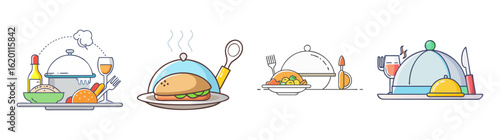 Illustrated Food Platters with Covers, Various Culinary Offerings and Dining Accessories