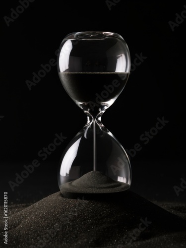 Time passing hourglass on sand dark studio still life minimalist design close-up perspective