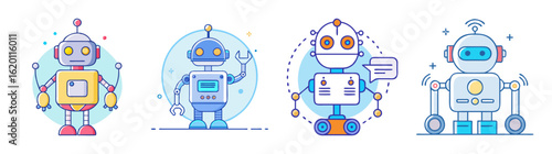 Collection of Four Cute Robots in Whimsical and Cartoon Style