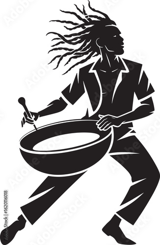 Dynamic Silhouette of a Steelpan Player in Motion on a Transparent Backdrop