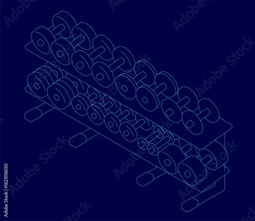 A 3D model of a dumbbell rack with neatly arranged weights stands out against a solid blue background. The white contour of the set contrasts sharply with the vibrant backdrop.