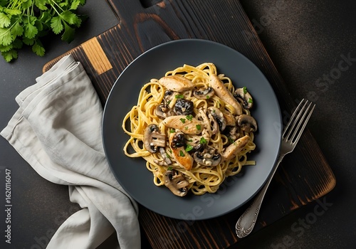Delicious chicken and mushroom spaghetti with cream sauce