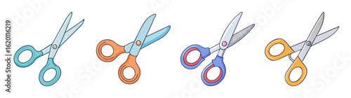 A collection of cartoon scissors in different colors and design styles