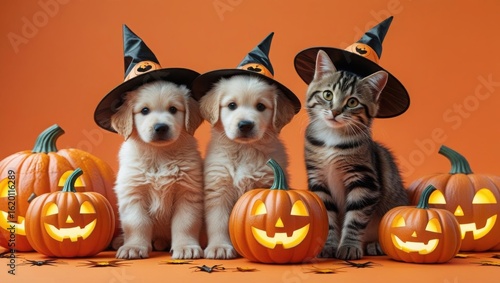 Halloween Puppies and Kitten in Witch Hats with Glowing Pumpkins on Orange Background