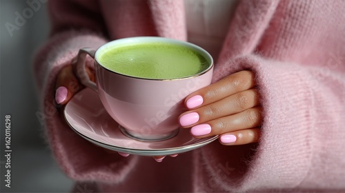 Hands with pink nails gently cradle a pink cup filled with vibrant green matcha tea. cozy atmosphere is created by soft lighting and warm textures, perfect for an afternoon break