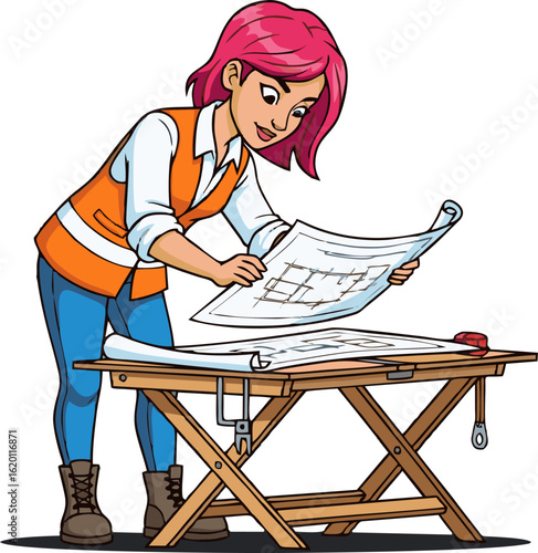 Focused Female Architect Reviewing Detailed Blueprints at Drafting Table